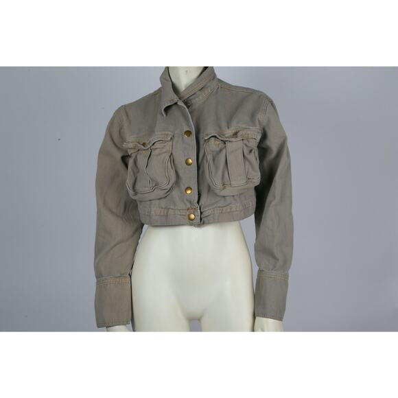 BBJ Los Angeles Beige Denim Pockets Military Cropped Jacket Size M - Picture 1 of 9
